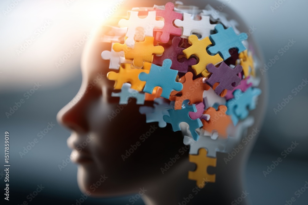 Poster a conceptual representation of the human brain filled with colorful puzzle pieces, symbolizing memor
