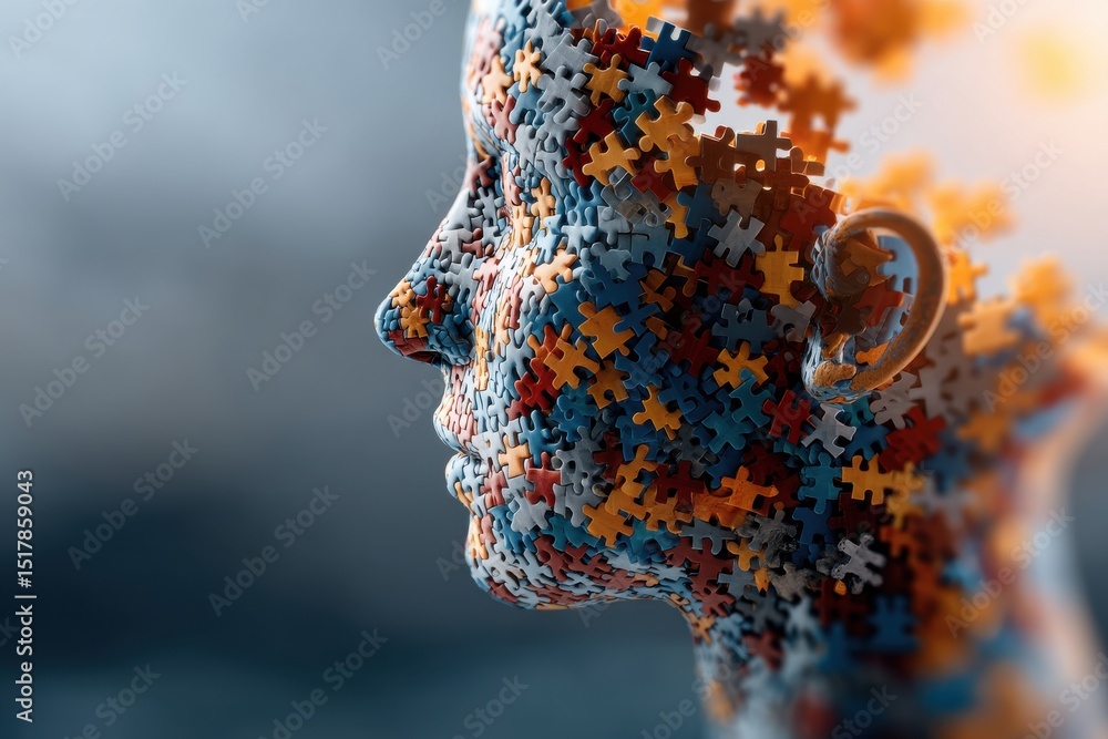 Poster a conceptual representation of human identity made from jigsaw puzzle pieces, showing the complexity