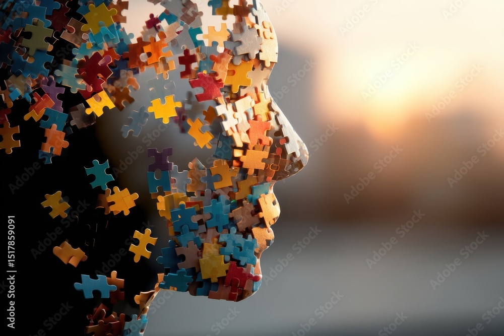 Poster a conceptual representation of human mind using jigsaw puzzle pieces forming a face profile, symboli