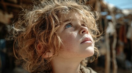 Young Boy with Curly Hair Looking Upward with Hope and Wonder in a Rural Setting, Close-up Portrait