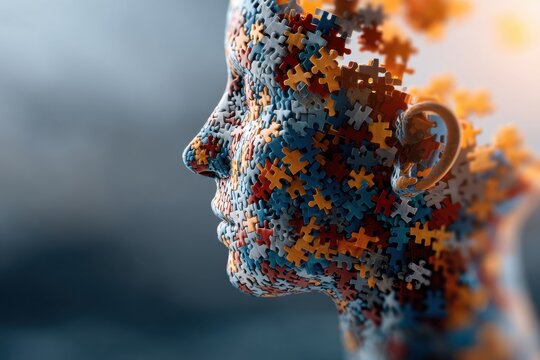 A conceptual representation of human identity made from jigsaw puzzle pieces, showing the complexity and the interconnectedness of mind, individuality, and personal attributes.