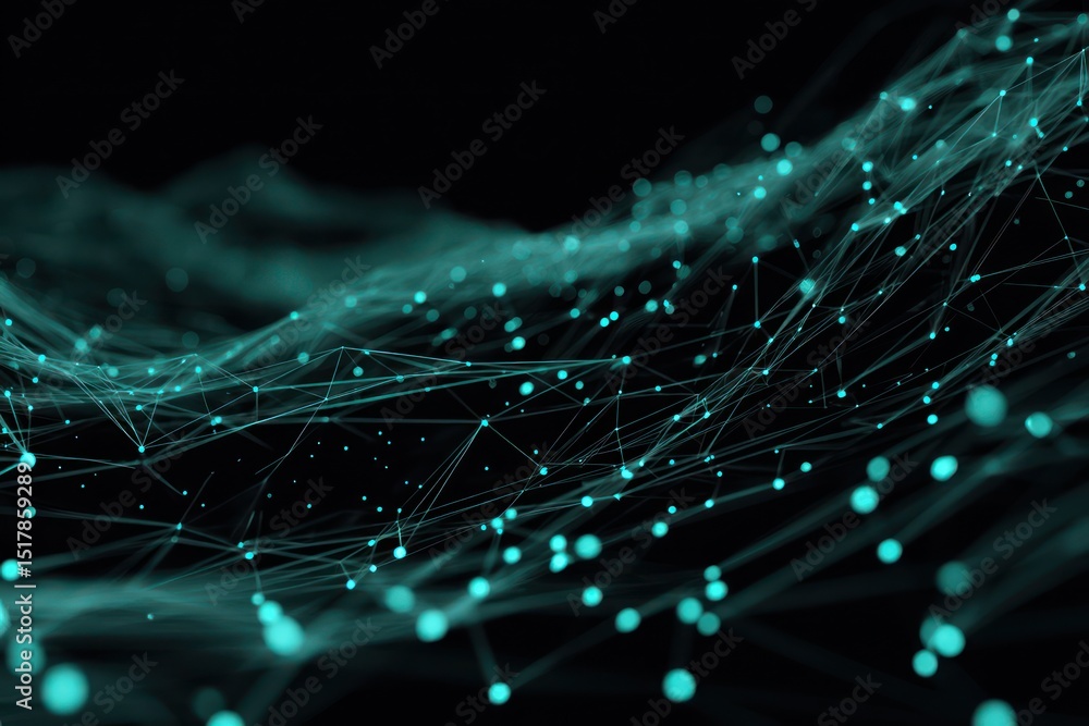 Poster abstract pathways for futuristic data represented by a connected network of teal dots.