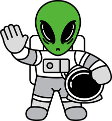 A green alien astronaut is waving
