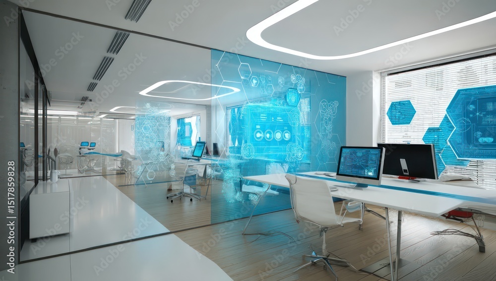 Poster office design combining futuristic data interfaces with modern aesthetics, creating an efficient wor