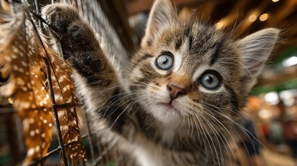 Adorable Tabby Kitten with Blue Eyes Reaching for Feathers in a Cage, Close-Up Portrait, Playful and Curious