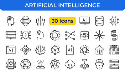Artificial Intelligence Line Icons Set. Thin line vector illustration of AI technology, computing, programming, neural network, machine learning, robotics, chip, and digital innovation pictogram