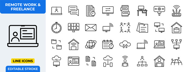 Remote Work and Freelance Line Icons Set - Telecommuting, Online Business, and Home Office Outline Vector with Editable Stroke