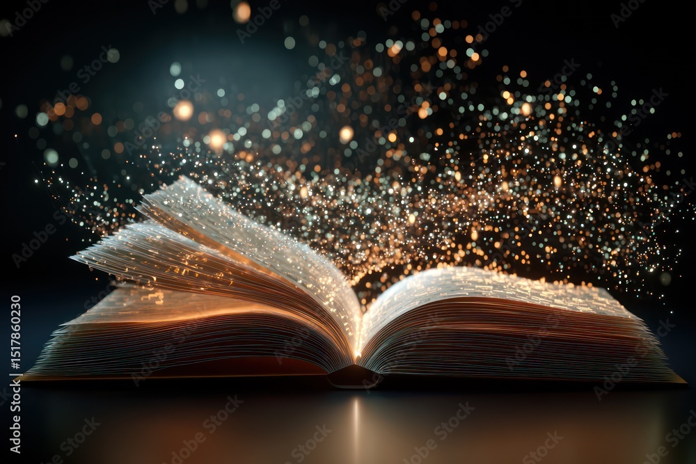 Poster floating open book surrounded by glowing particles symbolizing knowledge and technology.