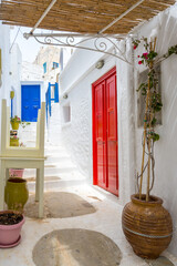A street in the center of Chora village on the island of Amorgos. Cyclades, Greece