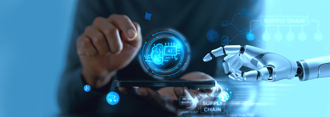 Robot and human hands reaching toward AI hologram on digital tech background, symbolizing future development and innovation banner concept.