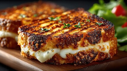 Delicious Grilled Cheese Sandwich with Melted Cheese on Wooden Board, Garnished with Thyme and Salad, Close-up, Food Photography