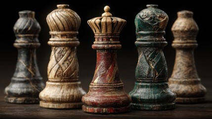 Intricate weathered chess pieces stand ready for a strategic competition