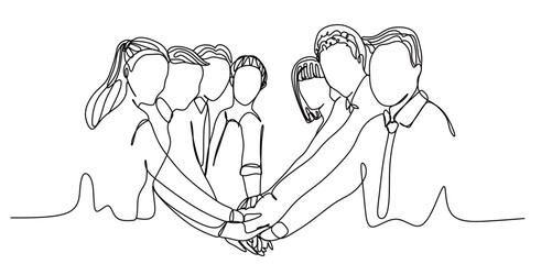 continuous single line art of a team of male and female office workers clasping their hands in a gesture of solidarity for their success