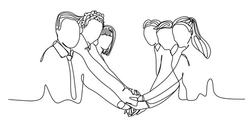 continuous single line art of a team of male and female office workers clasping their hands in a gesture of solidarity for their success