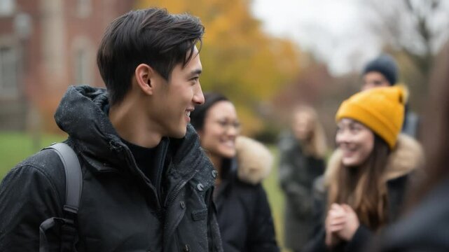 Campus Stroll: A cheerful group of friends, bundled in warm outerwear, enjoys a relaxed walk amidst the colorful autumn foliage of a university campus.