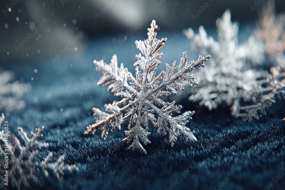 Aufkleber close-up of delicate snowflakes on a textured, dark blue surface, creating a serene and wintry atmos