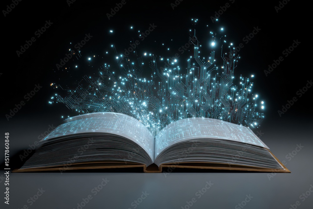 Poster glowing book with technological circuits and floating data points, symbolizing modern education.