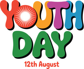 Colorful youth day text with sunburst detail and august date on a white background celebration graphic