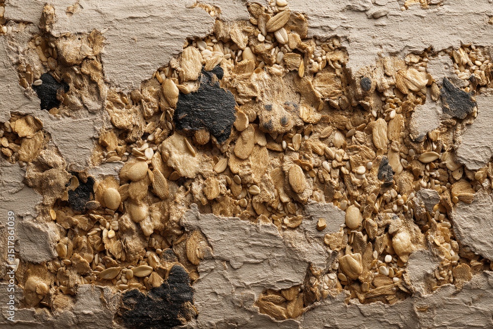 Poster close up of damaged wall structure exposing insulation, showing raw materials, texture, and cracks, 