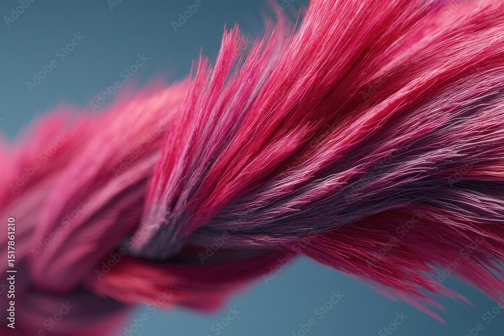Poster a vibrant abstract macro image of intertwined pink and magenta fibers against a blue background, cre