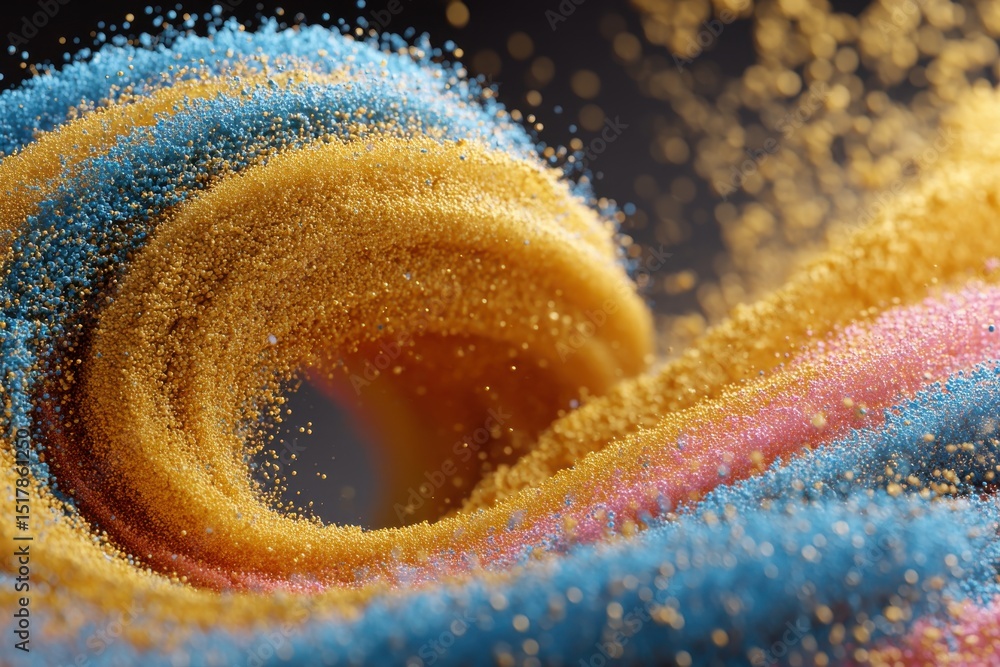 Poster an abstract swirl of textured golden yellow, pink and blue sand, creating a mesmerizing design with 