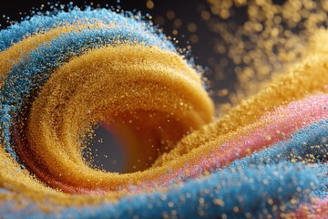 An abstract swirl of textured golden yellow, pink and blue sand, creating a mesmerizing design with a play of light and shadows in a vortex-like composition.