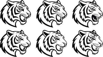 Collection of six black and white tiger head illustrations with varying expressions and line details