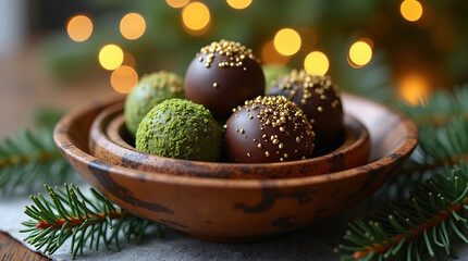Festive matcha and dark chocolate truffles with edible gold dust in rustic bowl, styled on cozy winter table with fir needles, holiday lights and soft bokeh background.
