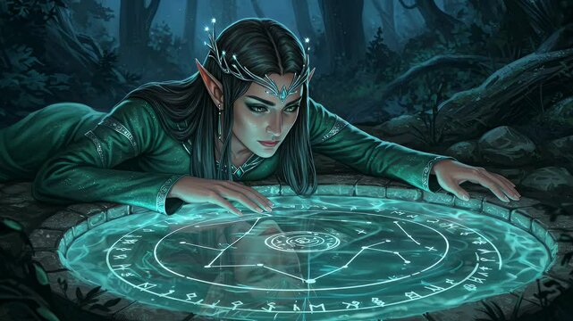 Elven woman meditates on a glowing circle in a mystical forest