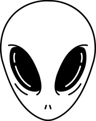 black and white illustration of a green alien head with black eyes