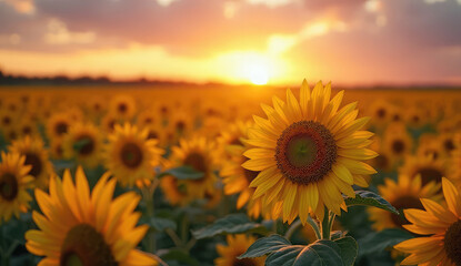 Obraz premium Sun-Kissed Sunflower Field at Sunset