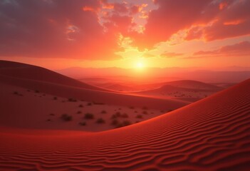 vast red sand dunes vibrant sunset desert landscape warm colors textures shadows, nature, sky, silhouette, horizon, wilderness, scenic, flame, golden