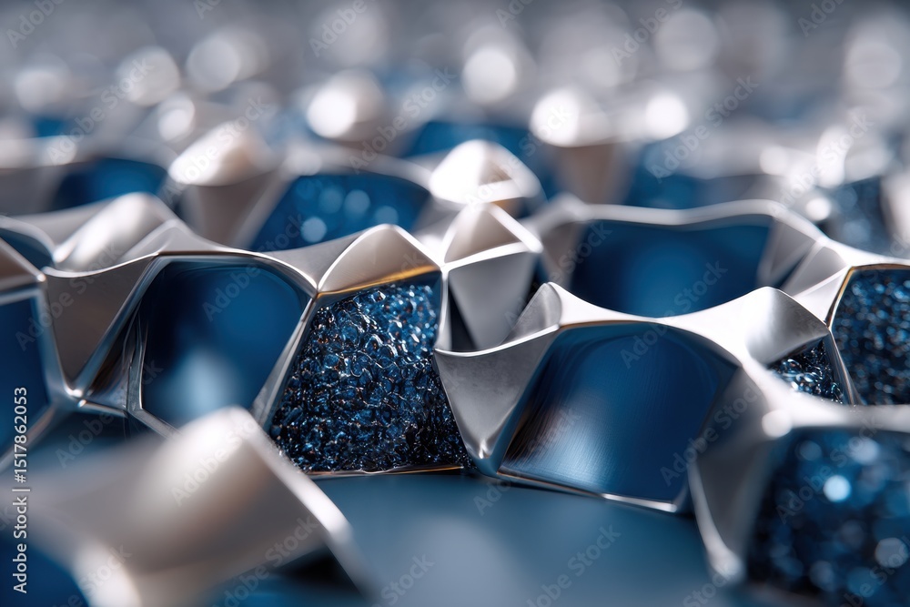 Poster a captivating close-up of an abstract geometrical structure with metallic silver edges, deep blue in
