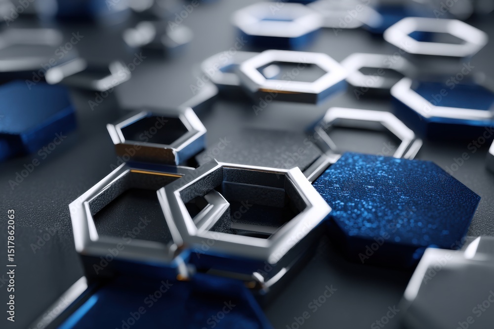 Poster a close-up shot captures a cluster of metallic and blue hexagons on a dark background, creating an a