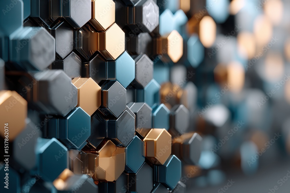 Poster abstract geometric background with gold, gray, and blue hexagons arranged in a close-up, textured pa