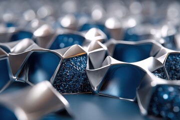 A captivating close-up of an abstract geometrical structure with metallic silver edges, deep blue inner facets, and an intriguing textured pattern, showcasing modern design.