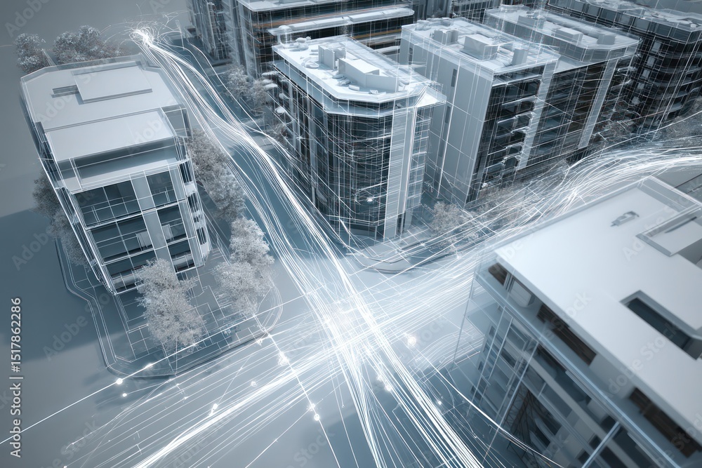 Poster urban layout in wireframe featuring advanced housing concepts and future-ready transport systems.