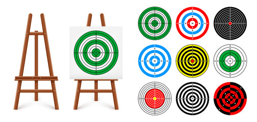 Shooting range target on a wooden easel stand. Paper target with divisions, marks and numbers. Archery, gun shooting and training, sport competition, hunting. Bullseye and aim. Vector illustration © 32 pixels