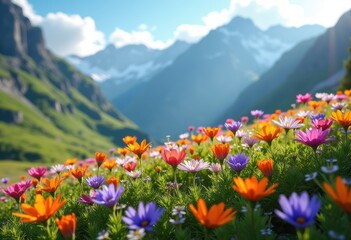Fototapeta premium vibrant alpine wildflowers rugged peaks nature blossom scenic landscape mountains, colorful, petal, scenery, flora, rock, terrain, view, moss, slope