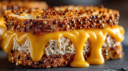 Close-up of a Delicious Melted Cheese and Chicken Sandwich on Seeded Bread, Perfect for Food Photography and Culinary Art
