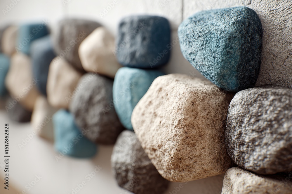 Poster close-up of a decorative wall panel made of natural stone with various shapes and colors, showcasing