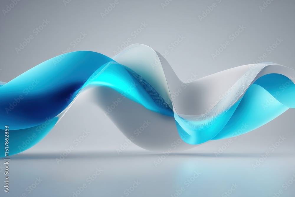 Poster an abstract flowing wave design in blue and white on a soft gray background, creating a modern and e