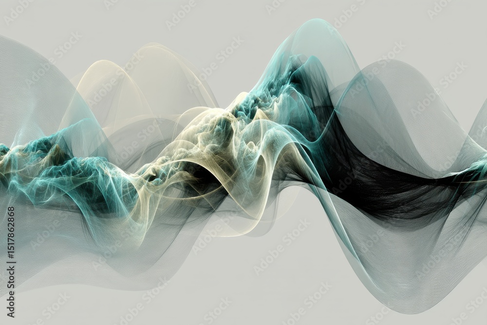 Poster abstract flowing lines in blue, gold and black against a neutral background creating an ethereal and