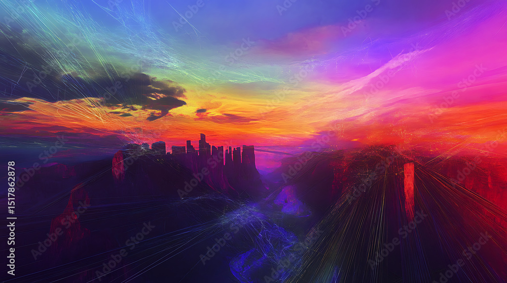 Poster surreal skyline with colorful sky and virtual reality network links