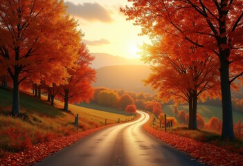 Fototapeta premium vibrant autumn foliage colorful leaves winding country road scenic drive nature beauty landscape, countryside, trees, forest, orange, yellow, red, park