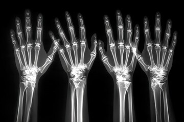 A radiograph of multiple hands showing bones and joints, medical imaging to check for fractures or arthritis and study skeletal anatomy for educational materials.