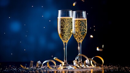 Two champagne flutes with bubbles and confetti celebrating a special occasion, champagne, flutes, bubbles, celebration, festive, new year, christmas, event, party, cheers, toast, drink, alcohol, bever