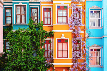 Colorful old Istanbul architecture and vibrant street scene in Balat, charming old buildings with lush vines and flowers. Turkey