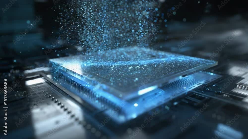 Poster glowing particles falling and covering a transparent computer processor on a motherboard, symbolizin