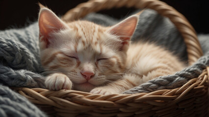 kitten lying on a basket, tiny kitten peacefully napping